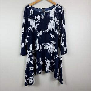 Clara Sun Woo Tunic Top Womens 1X Navy White Floral 3/4 Sleeves Stretch Knit Art